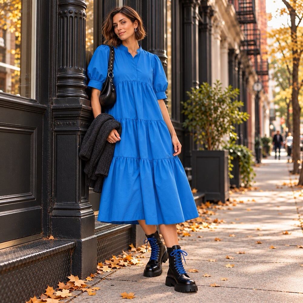 Zara Cobalt Blue 100% Cotton Tiered Flounced Loose Midi Dress Lagenlook Sz M